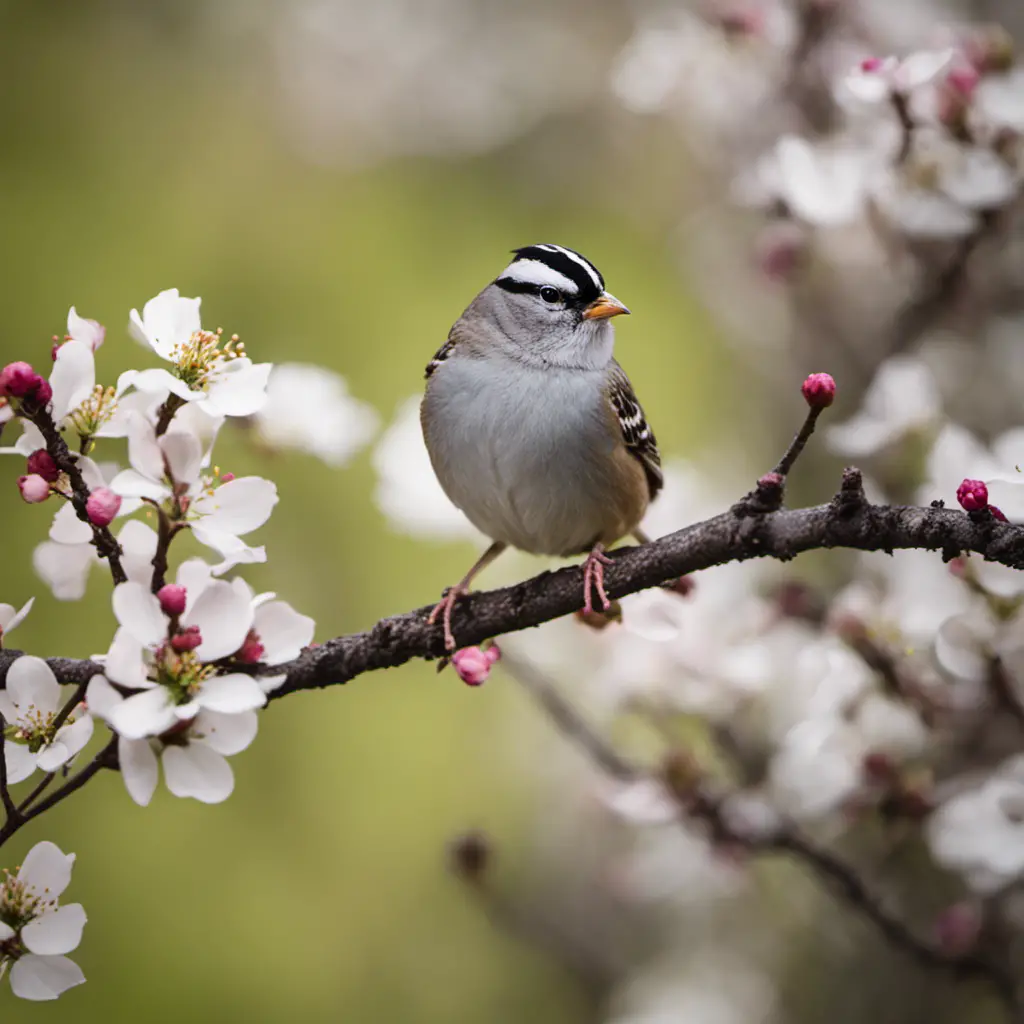  Create an image capturing the ethereal beauty of a White-crowned Sparrow perched delicately on a blossoming dogwood branch, its striking black and white plumage contrasting against the vibrant spring foliage of Ohio