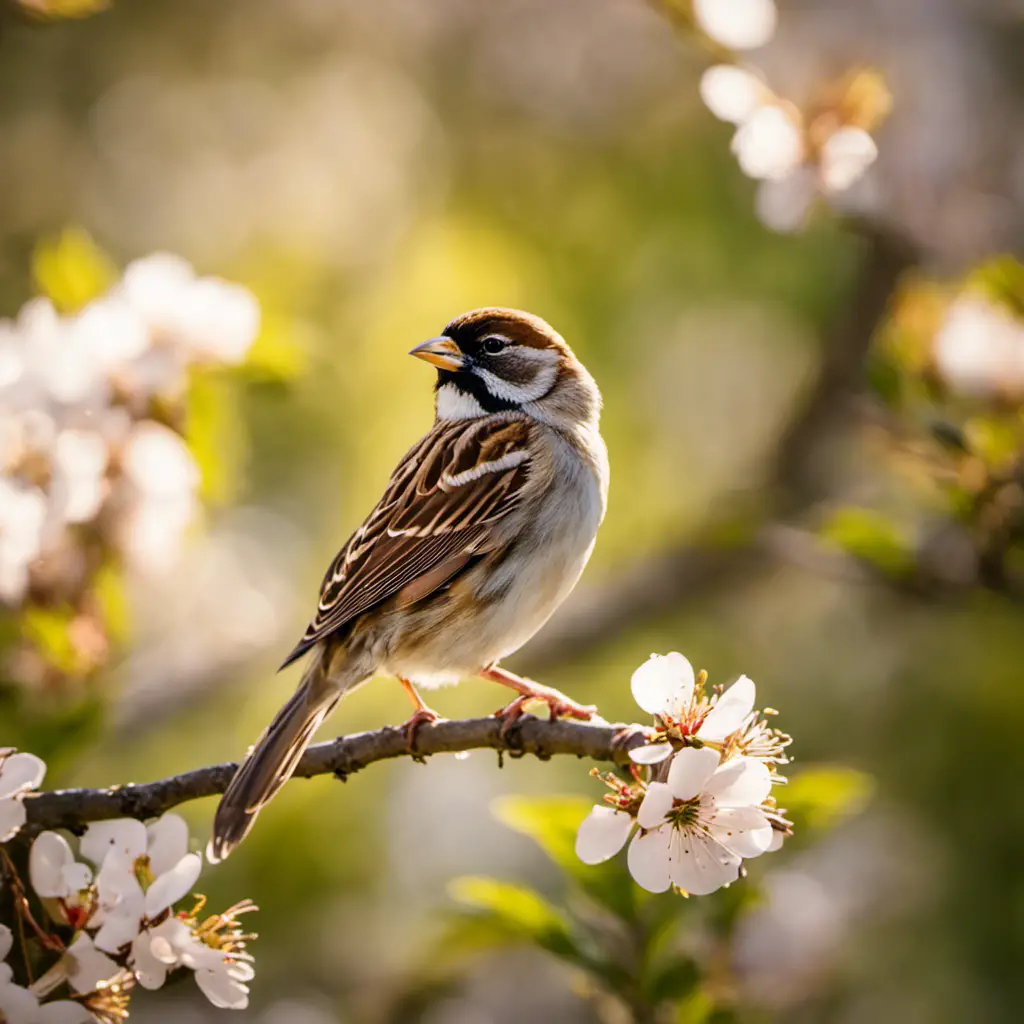 An image capturing the serene beauty of Ohio's sparrows - a flock perched on a blossoming cherry tree branch, their delicate feathers illuminated by the golden afternoon sun against a backdrop of lush greenery