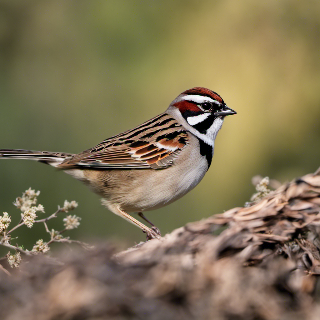 An image capturing the essence of a Lark Sparrow's woodland habitat in Texas, showcasing the bird's distinct chestnut crown, black facial markings, and unique intricate patterns on its wings, blending harmoniously with the vibrant surrounding flora