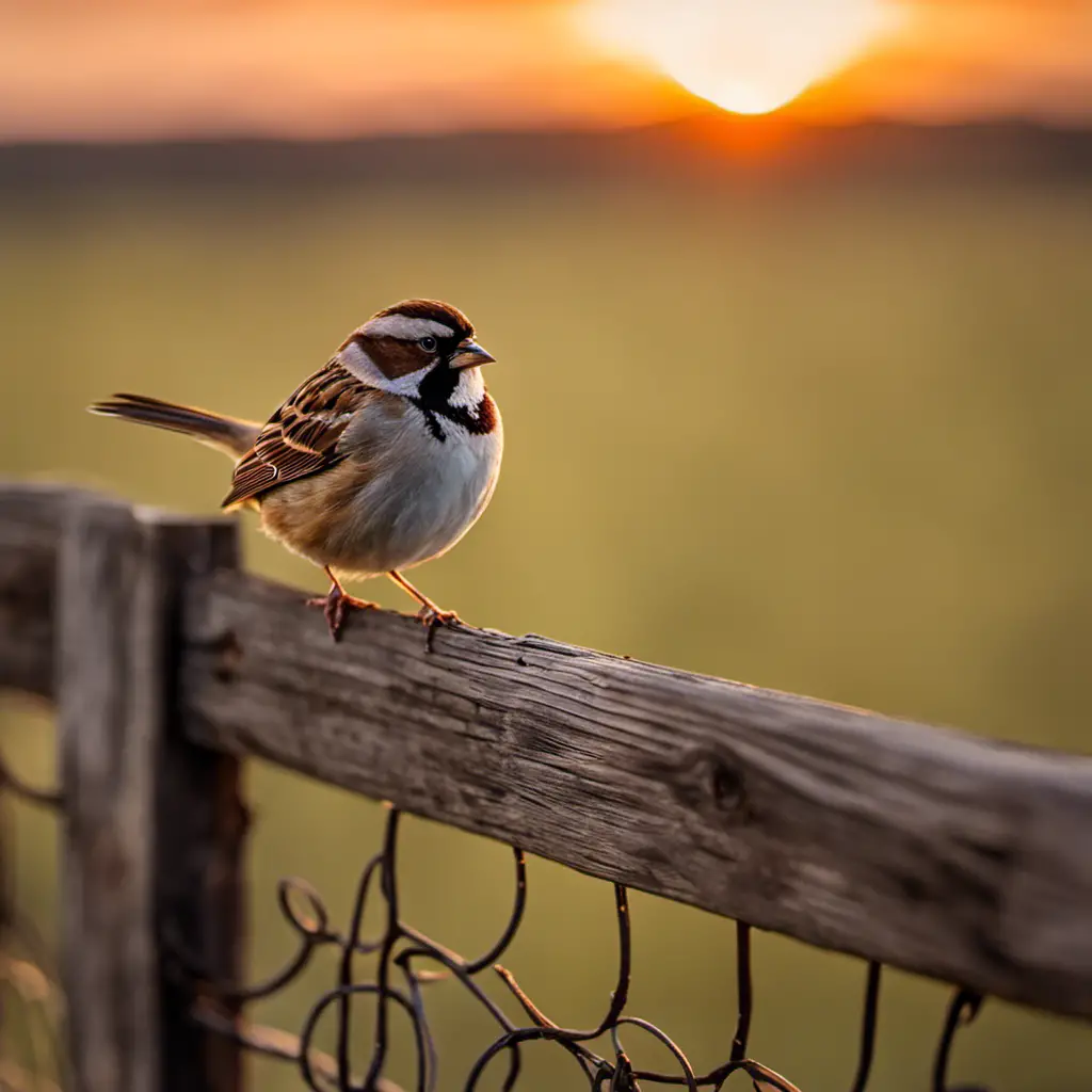 An image that captures the essence of Texas' sparrow population: a lone sparrow perched on a weathered wooden fence against a backdrop of vast open fields, bathed in the warm glow of a Texan sunset