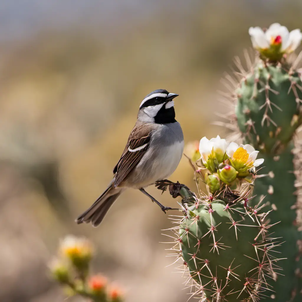 An image capturing the rugged beauty of the Texas desert, with a solitary Black-throated Sparrow perched on a blooming prickly pear cactus