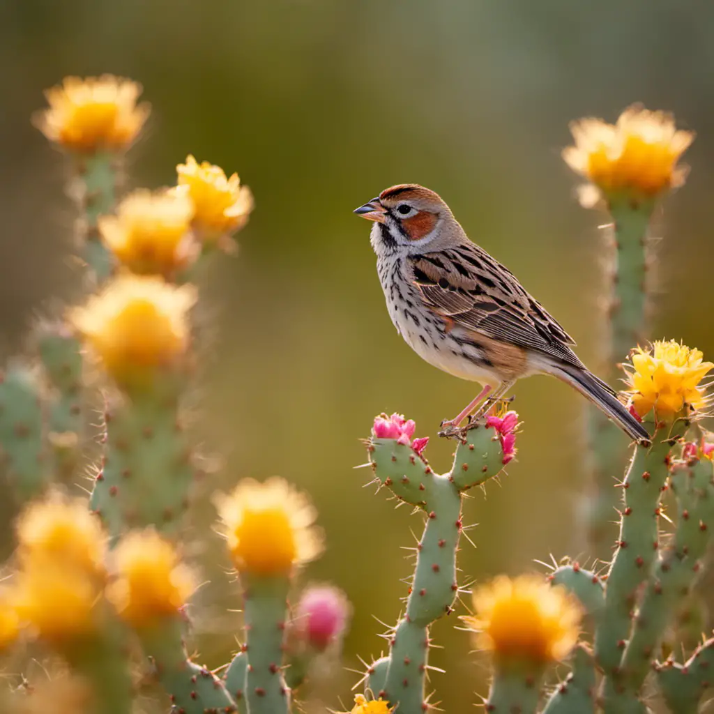 An image capturing the enchanting scene of a Baird's Sparrow perched on a flowering prickly pear cactus, its delicate plumage blending with the vibrant Texas landscape, as the warm sun casts a golden glow