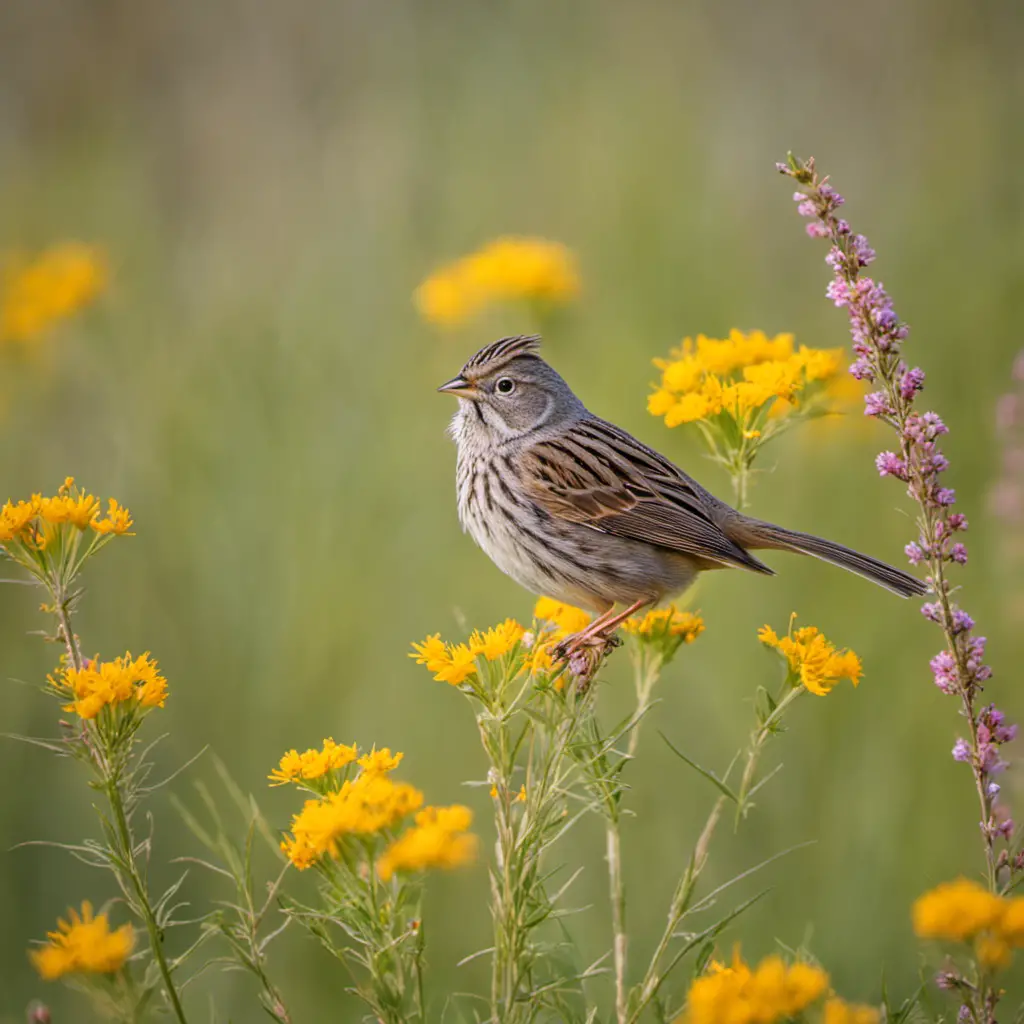 An image capturing the essence of Lincoln's Sparrow in Texas: a small, plump bird with a distinct brown and gray plumage, perched on a mesquite branch surrounded by vibrant wildflowers and tall grass, evoking the scenic beauty of the Texan landscape