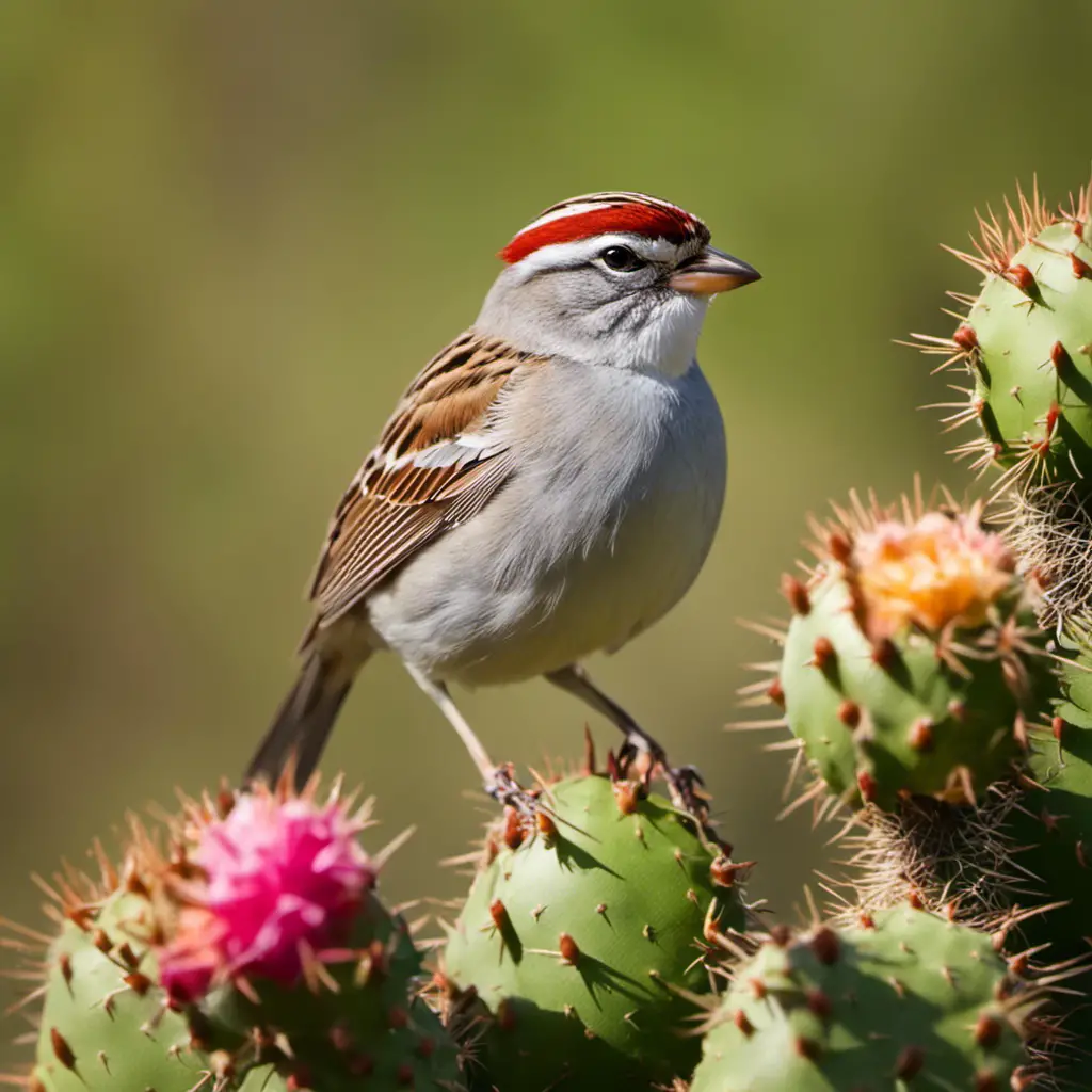 An image capturing the delicate beauty of a Chipping Sparrow perched on a prickly pear cactus, its cinnamon-brown crown contrasting against the vibrant green pads