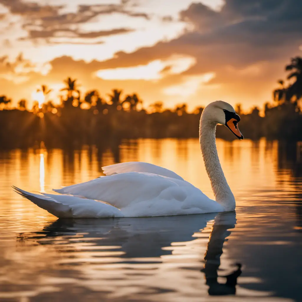 An image capturing the ethereal beauty of Florida's swans gliding gracefully across a glassy lake, their pristine white feathers contrasting against the vibrant hues of tropical foliage, under a radiant golden sunset