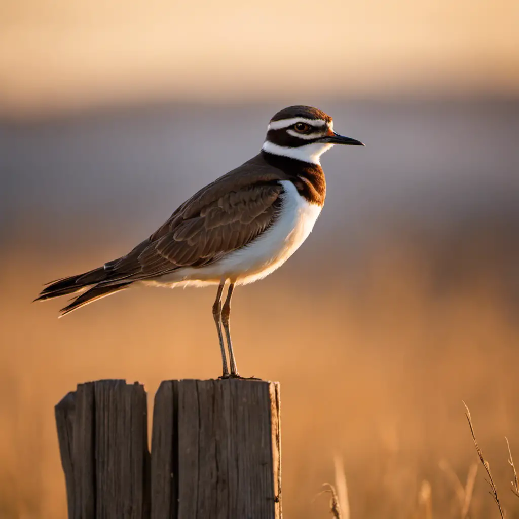 An image capturing the enchanting sight of a Killdeer gracefully perched on a sun-kissed Texan fence post, its rich brown feathers glistening in the warm glow, as it gazes into the vast open fields