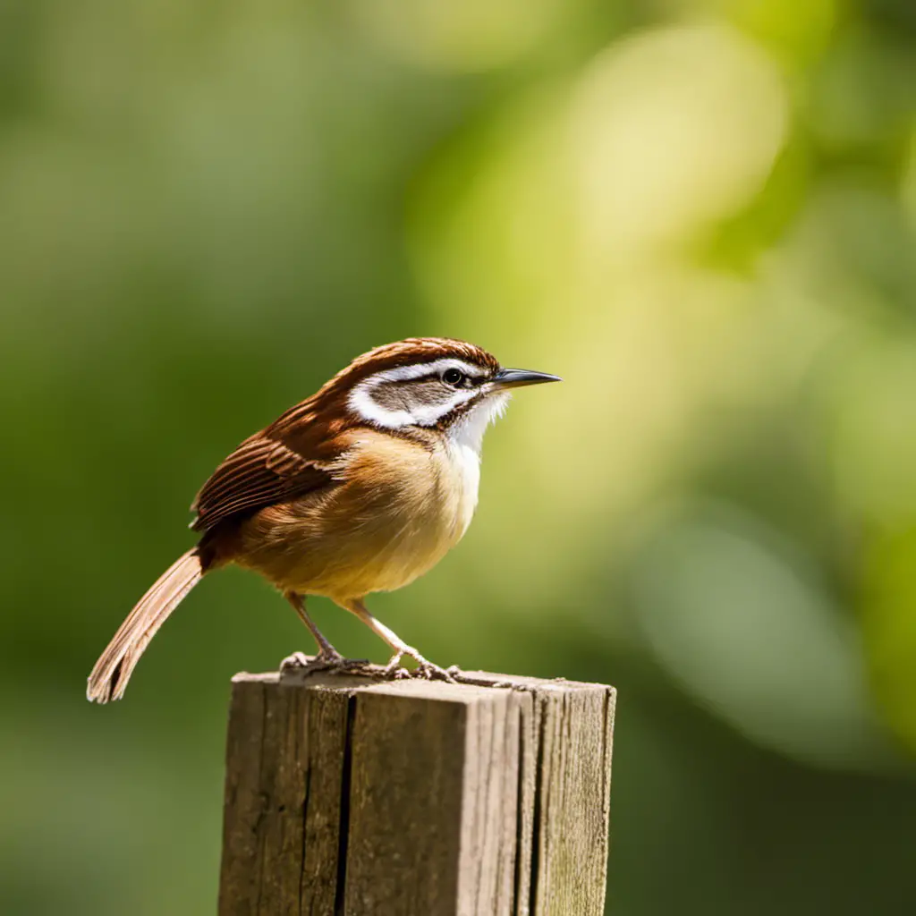 An image showcasing the vibrant Carolina Wren, perched on a rustic wooden fence amidst a backdrop of lush greenery, its reddish-brown plumage contrasting beautifully with the surrounding foliage