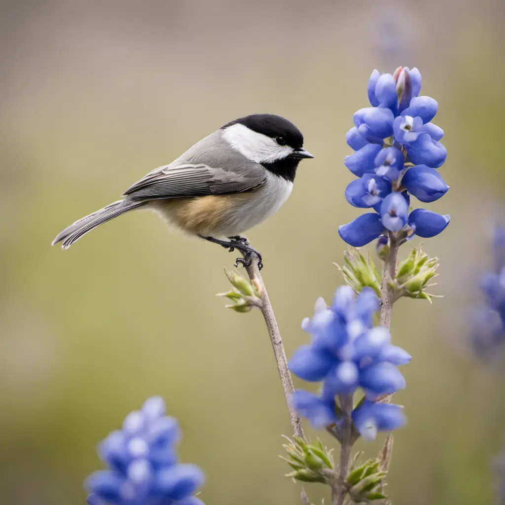 An image of a petite Carolina Chickadee perched on a blossoming Texas bluebonnet, its ebony cap contrasting against its soft gray feathers