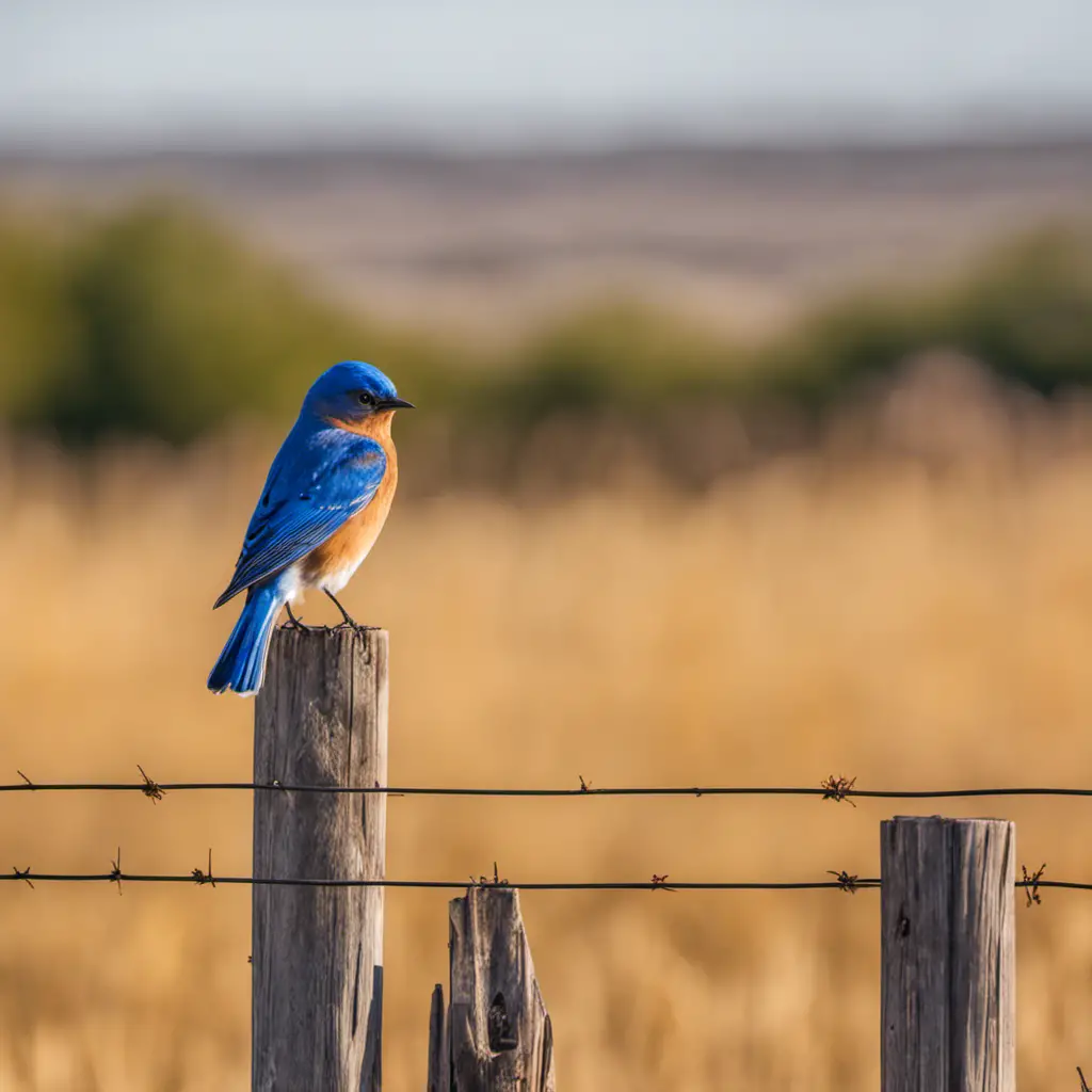 An image capturing the vibrant beauty of an Eastern Bluebird perched on a rustic wooden fence against the backdrop of Texas' golden fields, highlighting its striking blue plumage and cheerful demeanor
