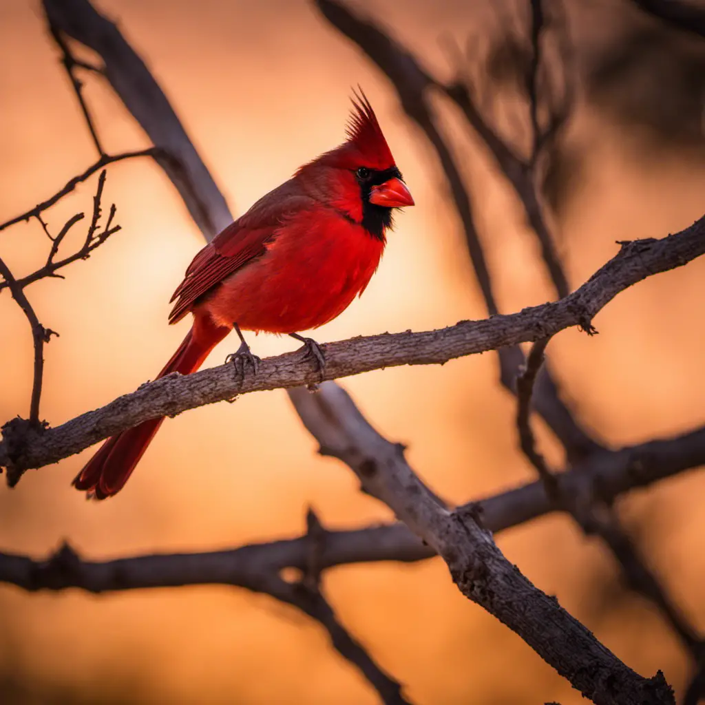 An image capturing the vibrant presence of a male Northern Cardinal perched on a mesquite branch against the backdrop of a Texas sunset, flaunting its fiery red plumage and distinctive crest
