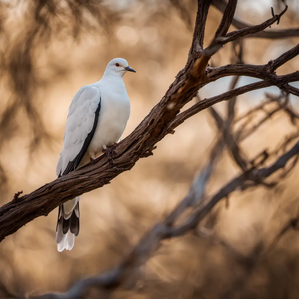 An image capturing the elegant essence of a White-winged Dove perched on a gnarled mesquite branch, its snowy white wings contrasting against the warm, rich tones of the Texas landscape