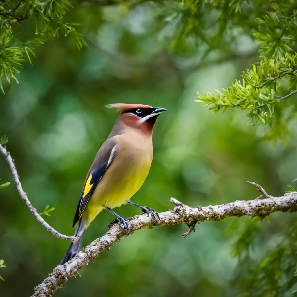 An image capturing the ethereal beauty of a Cedar Waxwing perched on a Texas tree branch