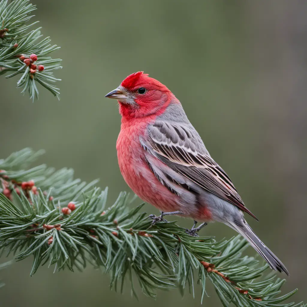An image of a vibrant male Cassin's Finch perched on a juniper branch, its crimson crown contrasting against its gray plumage