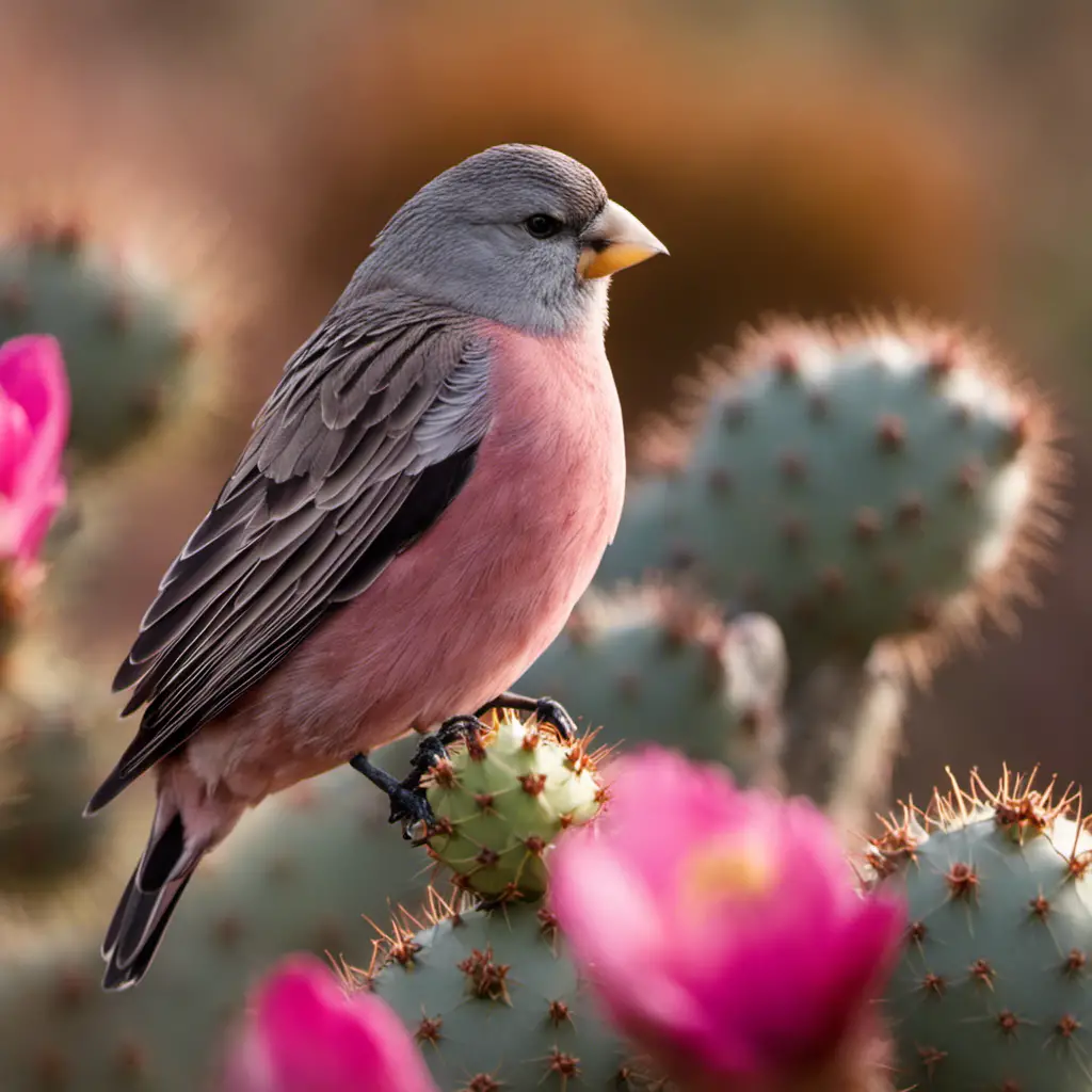 An image capturing the majestic beauty of a Gray-crowned Rosy-Finch perched on a prickly pear cactus in the vast Texan landscape, showcasing its soft gray plumage, rosy hues, and distinctive crown pattern