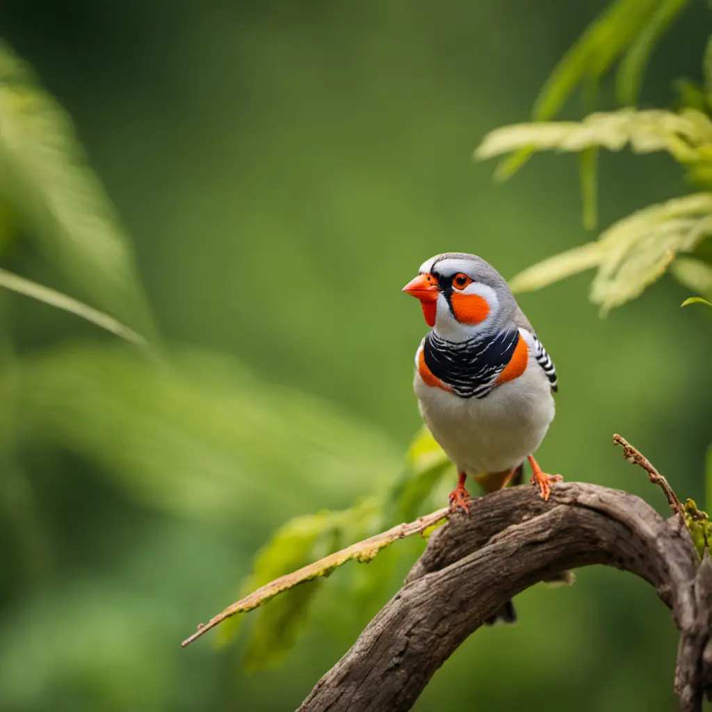 A visually captivating image showcasing the vibrant plumage of a male Zebra Finch perched on a rustic wooden branch, against a backdrop of lush green foliage, evoking the Texan wilderness