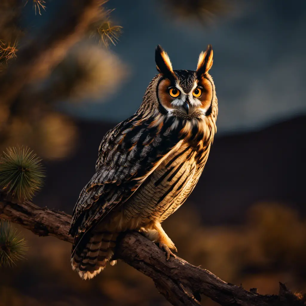 An image capturing the ethereal beauty of a Long-eared Owl perched on a branch, its mesmerizing orange eyes piercing through the darkness, surrounded by the moonlit desert landscape of Arizona