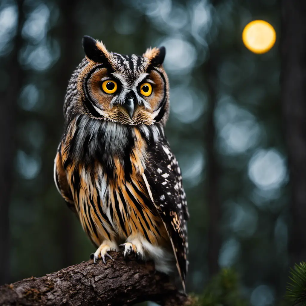 An image capturing the mystical aura of the Flammulated Owl, showcasing its petite size, uniquely striped facial disc, and piercing yellow eyes against a backdrop of moonlit ponderosa pines