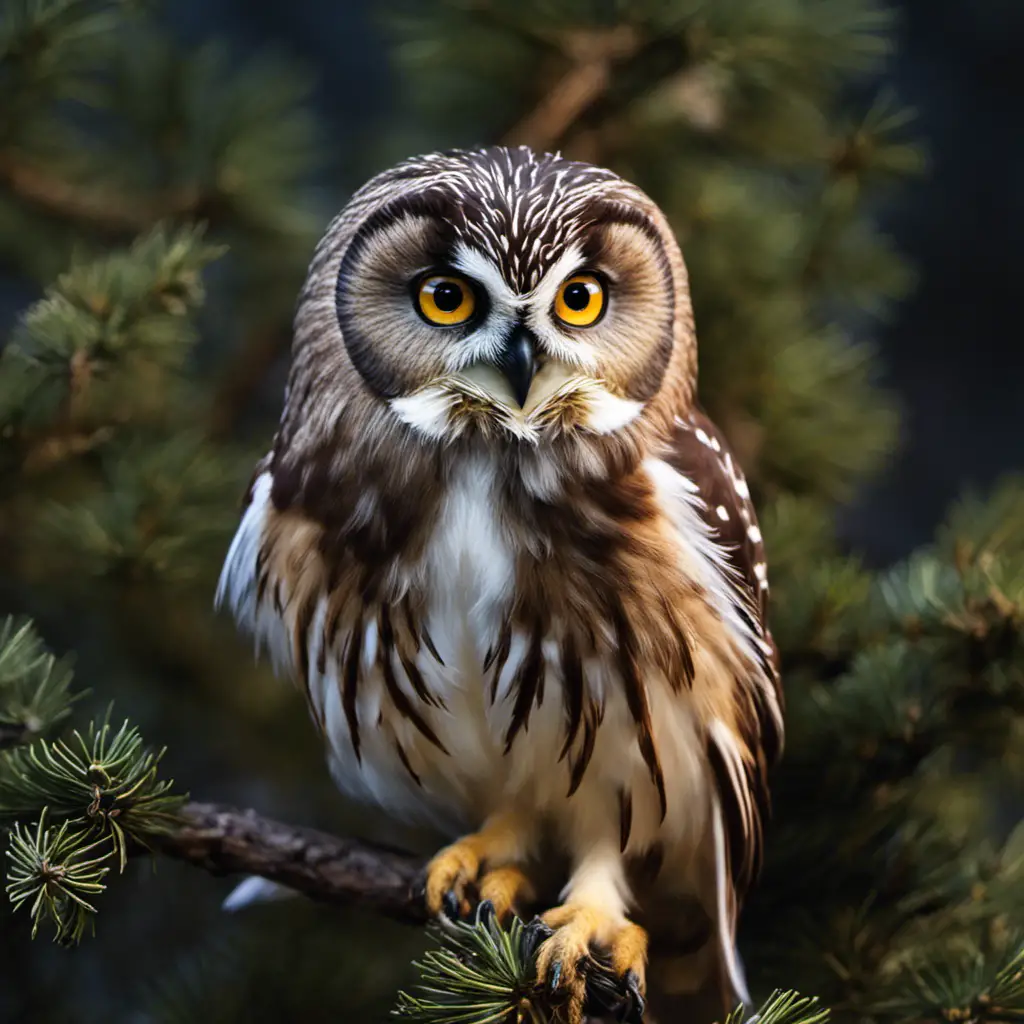 An image capturing the enchanting essence of a Northern Saw-Whet Owl perched on a juniper branch, its large round head, mottled feathers, and piercing yellow eyes gazing out into the moonlit Arizona wilderness
