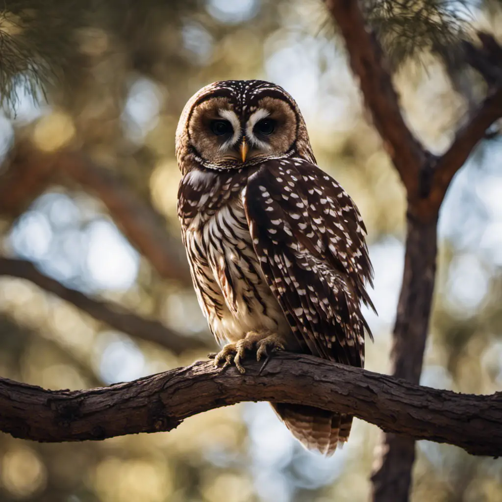 An image capturing the enchanting Spotted Owl, perched on a gnarled branch in an Arizona forest