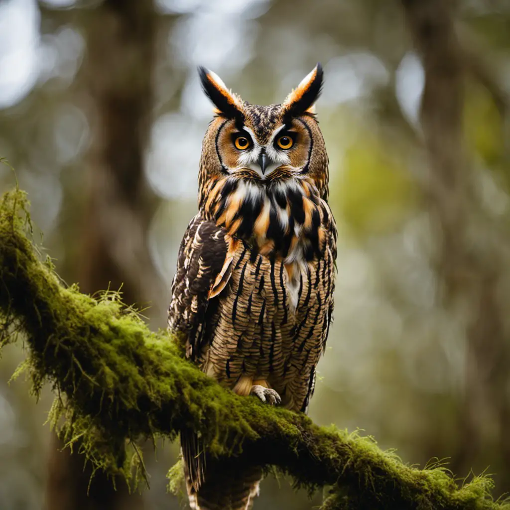 An image capturing the mesmerizing presence of a Long-eared Owl perched on a moss-covered branch amidst the enchanting Florida Everglades