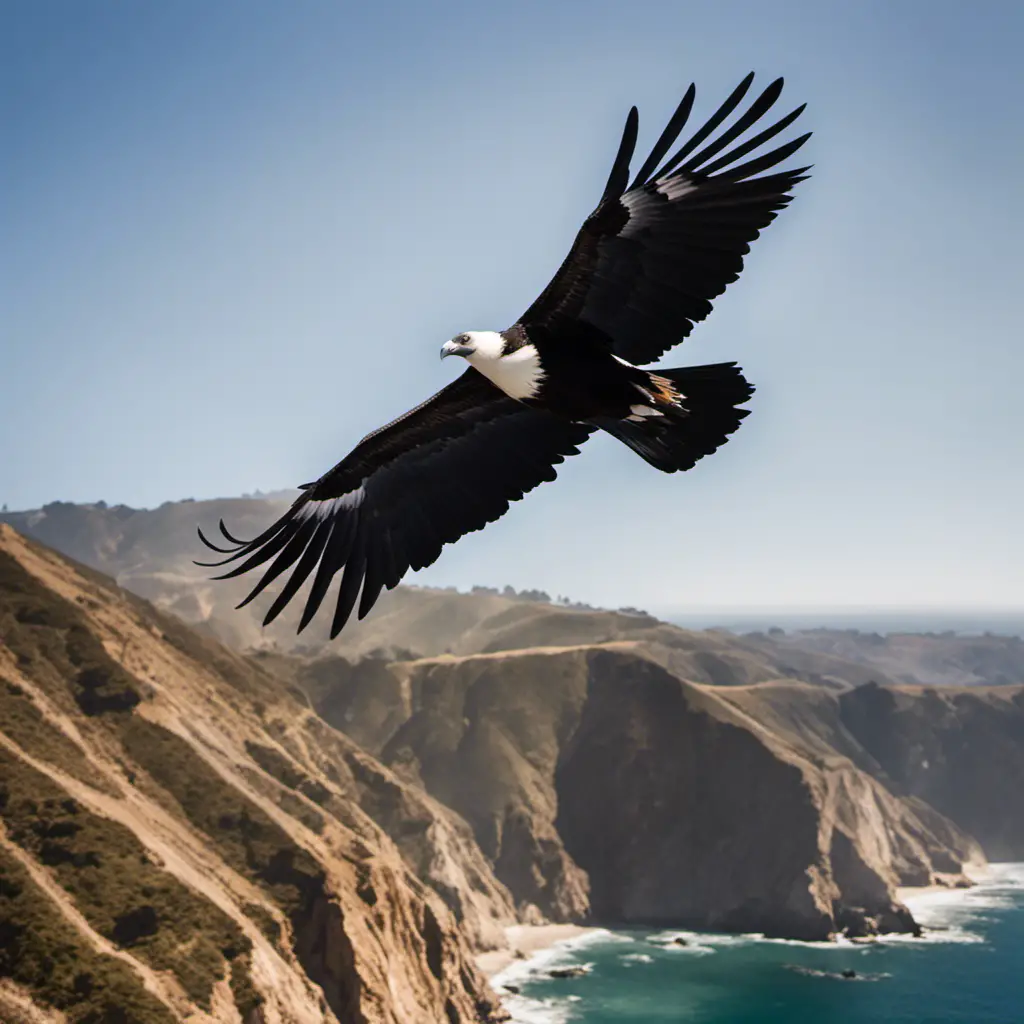 An image capturing the majestic Californian Condor in flight over the rugged coastal cliffs of California