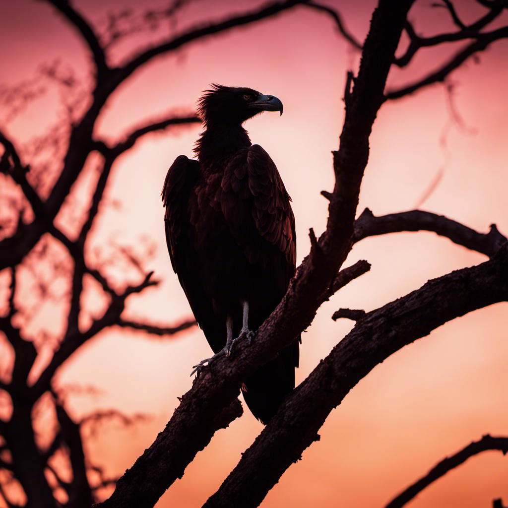 An image capturing the essence of Illinois vultures: a solitary silhouette perched atop an aged, gnarled tree, framed against a crimson sunset backdrop, with the bird's sharp, piercing gaze penetrating the viewer's soul