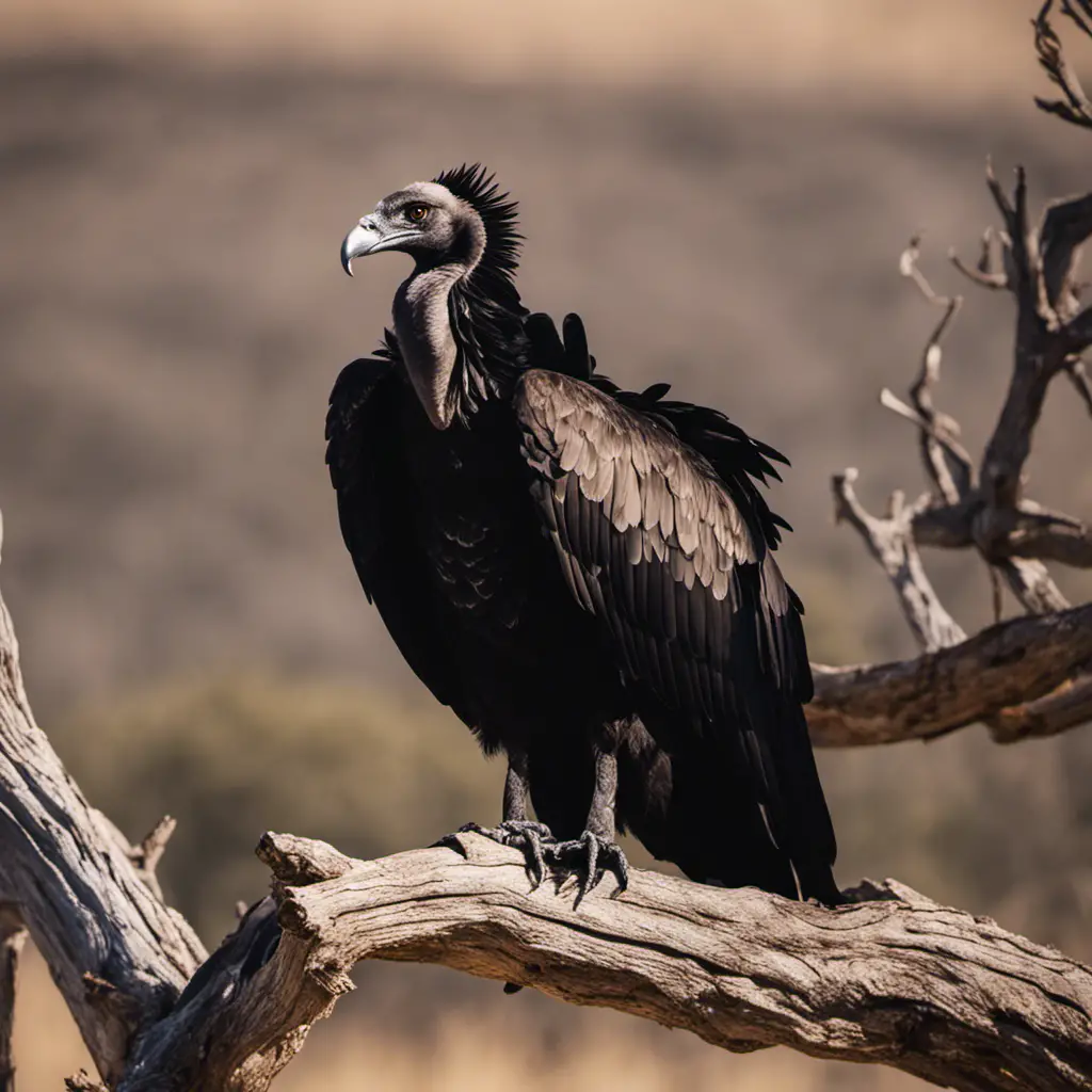 An image capturing the eerie beauty of a Black Vulture in Texas, with its glossy black feathers glistening under the Texan sun, as it perches on a desolate, weathered tree branch against a backdrop of vast, arid plains