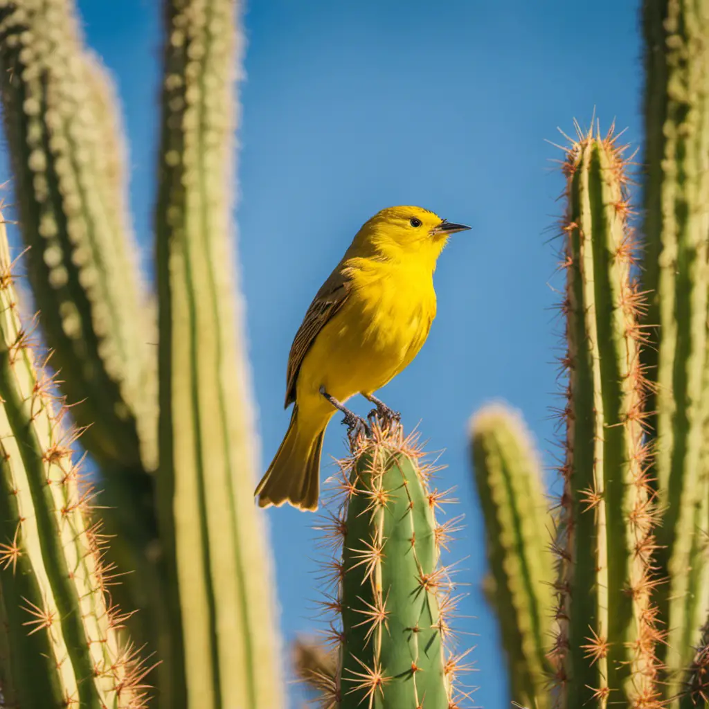 An image capturing the vivid beauty of a Yellow Warbler perched on a blooming saguaro cactus, its vibrant yellow plumage contrasting against the blue Arizona sky, while surrounded by desert flora