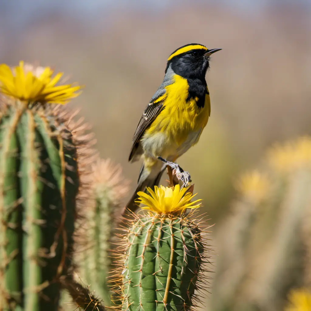 An image capturing the exquisite beauty of a Grace's Warbler perched on a blooming saguaro cactus, with its vibrant yellow plumage contrasting against the desert backdrop, showcasing the avian wonders of Arizona