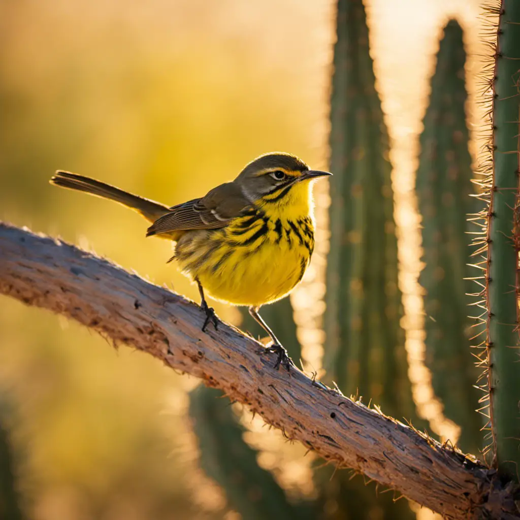 An image capturing the vibrant scene of an Arizona Palm Warbler amidst a breathtaking backdrop of towering saguaro cacti, bathed in warm sunlight, showcasing the warbler's distinct yellow plumage and energetic foraging behavior
