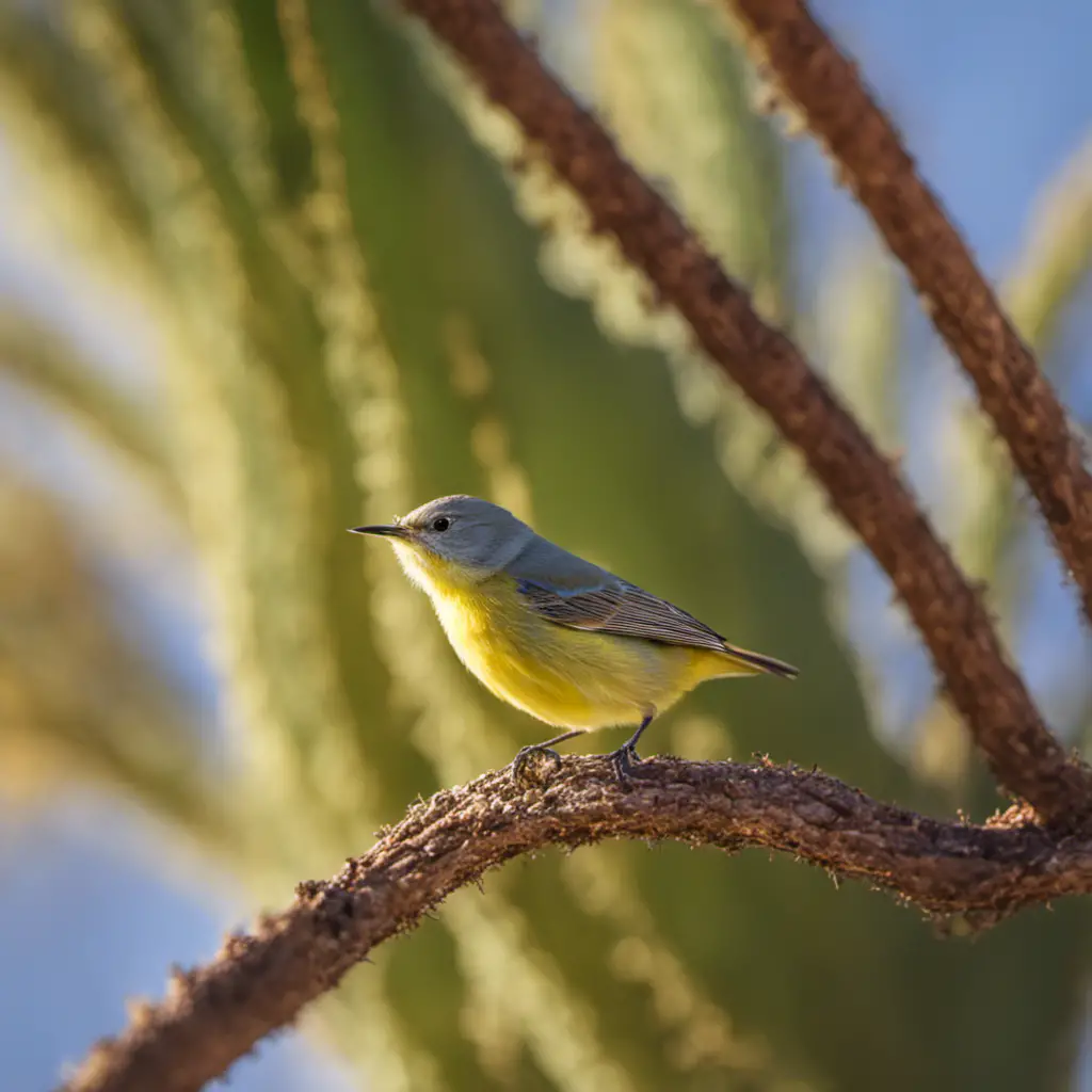 An image capturing the beauty of an Arizona landscape, with a vibrant Lucy's Warbler perched on a mesquite tree branch, its delicate gray plumage contrasting against the vivid blue sky and surrounding cacti