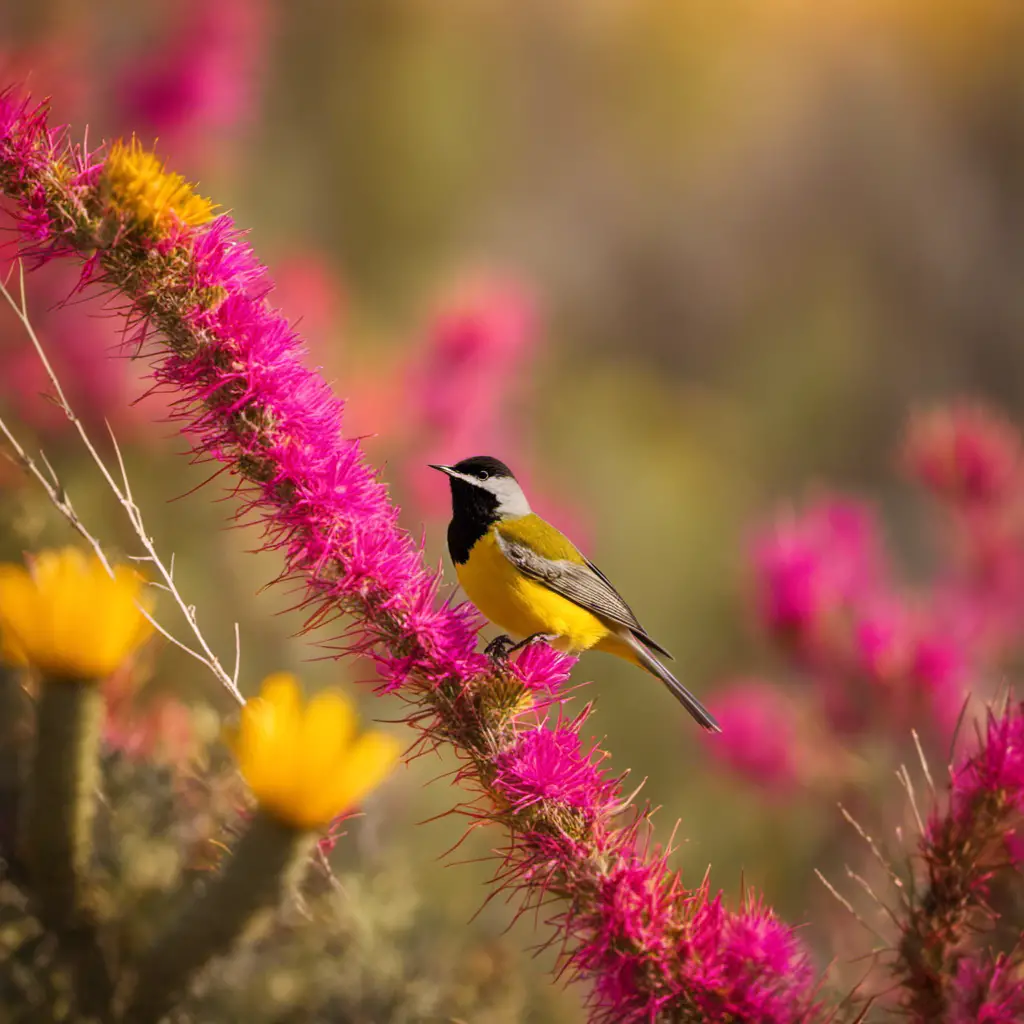 An image showcasing the vibrant diversity of Arizona's warblers: a lush desert oasis with towering saguaro cacti, bathed in golden sunlight, as warblers flit among blooming wildflowers and intricate mesquite branches