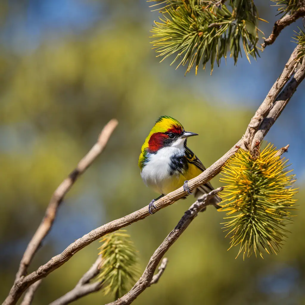 An image capturing the vibrant beauty of a male Chestnut-sided Warbler perched on a mesquite branch amidst the arid Arizona landscape
