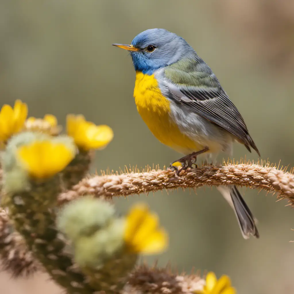 An image showcasing the vibrant plumage of the Northern Parula warbler perched on a blossoming saguaro cactus in the arid Arizona desert, capturing the delicate beauty and unique habitat of these migratory songbirds