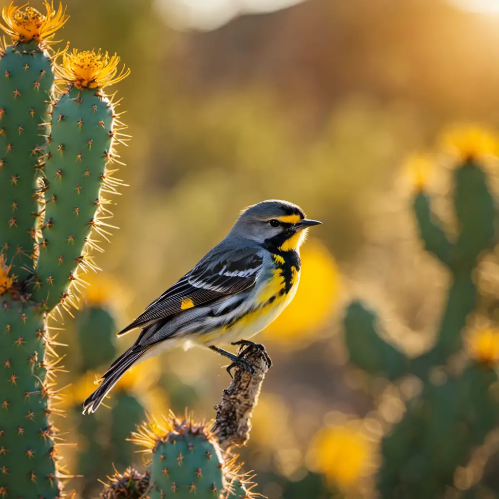 An image capturing the vibrant beauty of a Yellow-rumped Warbler perched on a blooming prickly pear cactus in the scenic Arizona desert, surrounded by golden rays of sunlight filtering through saguaro cacti