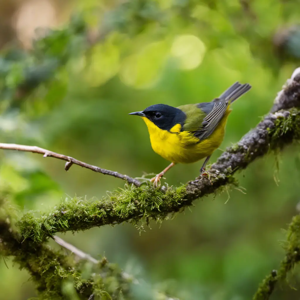 An image capturing the vibrant scene of an Arizona forest: a petite Wilson's Warbler, its bright yellow plumage contrasting against lush green foliage, perched on a moss-covered branch near a meandering stream
