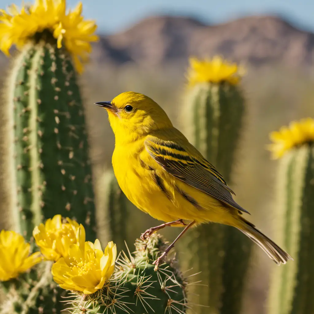 An image capturing the vibrant essence of an American Yellow Warbler, perched on a blooming saguaro cactus, its lemon-yellow plumage contrasting against the desert backdrop of Arizona's rugged terrain