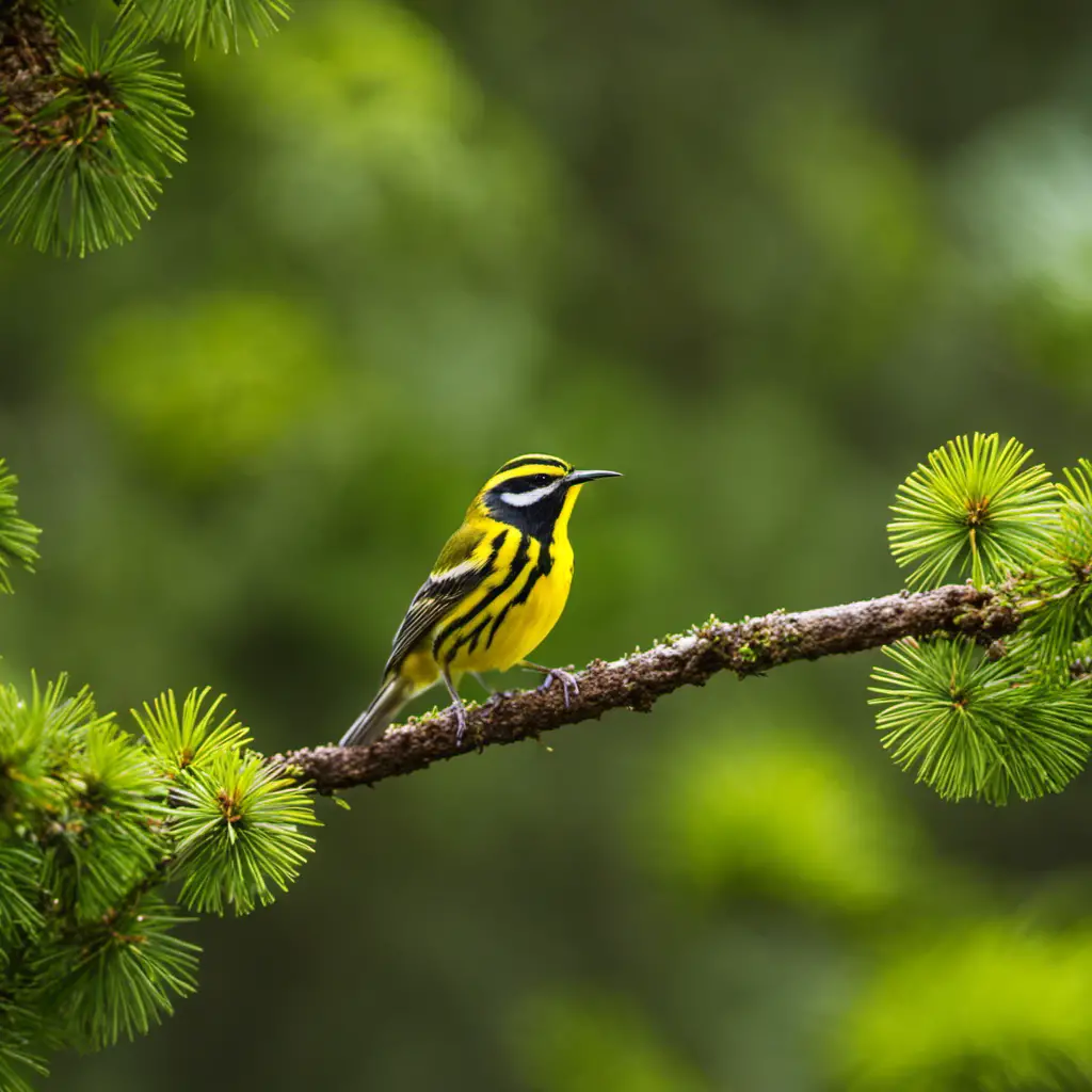 An image capturing the vibrant scene of a Townsend's Warbler perched on a branch amidst a lush backdrop of towering pine trees, its bright yellow plumage contrasting against the rich green foliage