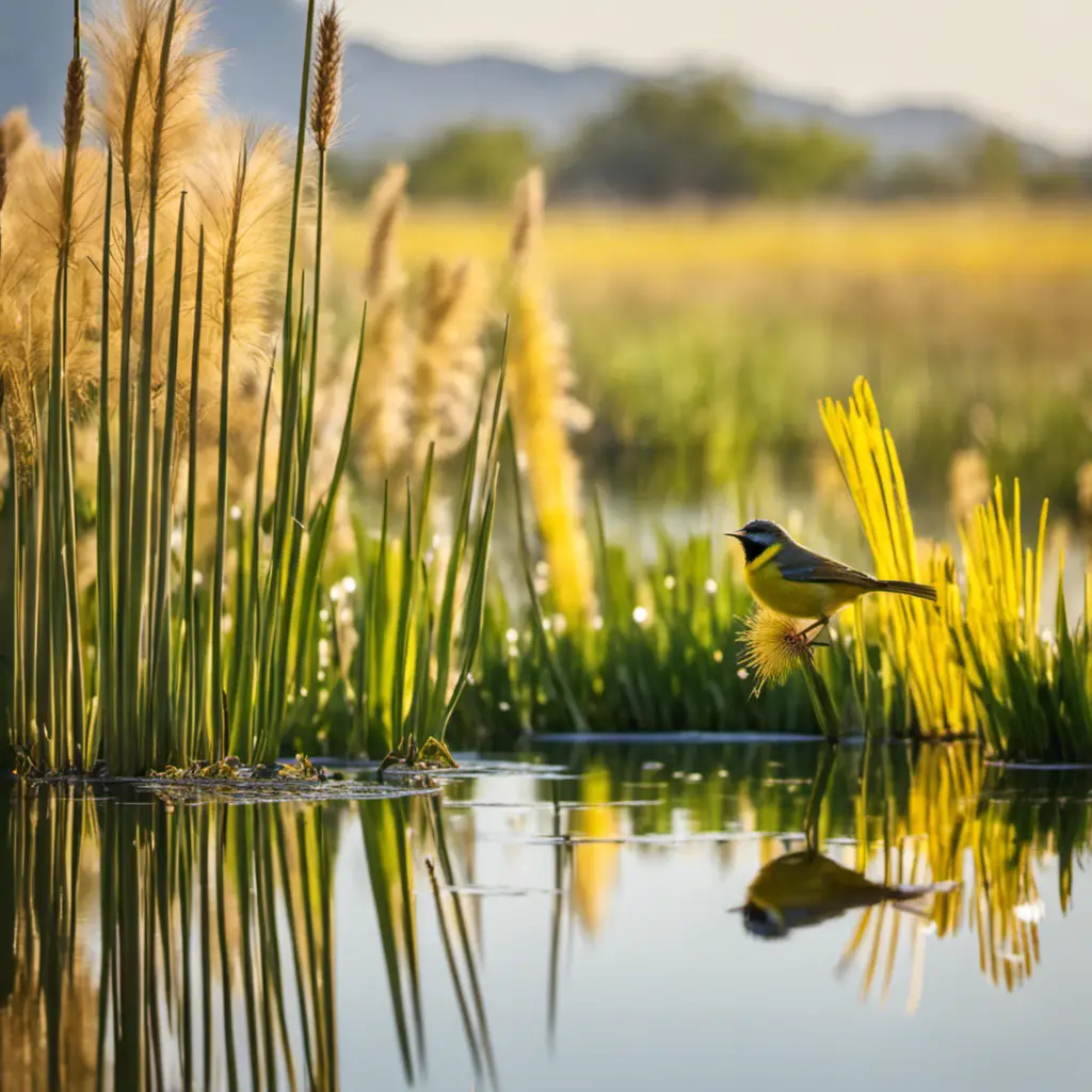 An image capturing the vibrant essence of an Arizona wetland, with a solitary Common Yellowthroat perched on a cattail, its bright yellow plumage contrasting against the lush greenery and shimmering reflections in the water
