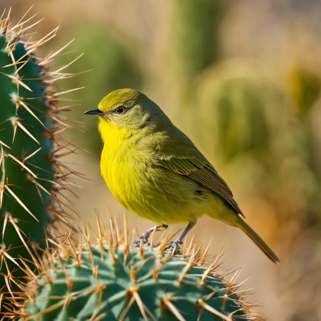 An image capturing the vibrant essence of an Orange-crowned Warbler perched on a cactus, its striking crest raised high
