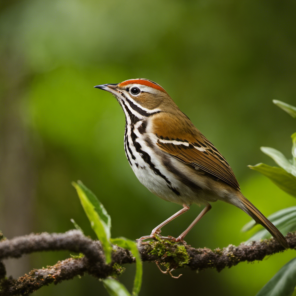 An image capturing the vibrant essence of Florida's Ovenbird, showcasing its distinctively striped crown, warm cinnamon-colored back, and bold black spots on its creamy underparts, set against a lush backdrop of dense vegetation