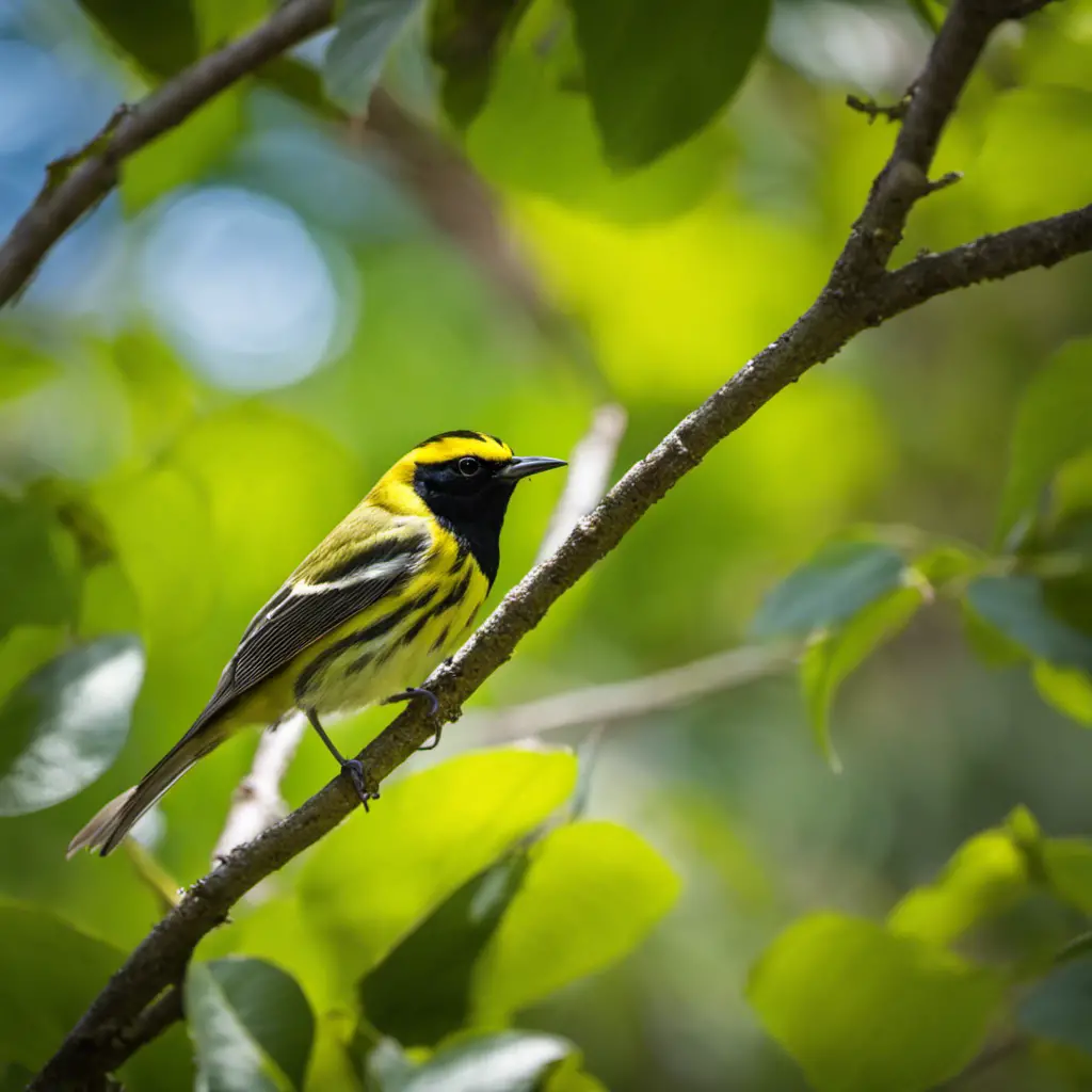 An image capturing the vibrant essence of the Black-throated Green Warbler amidst the lush Florida foliage