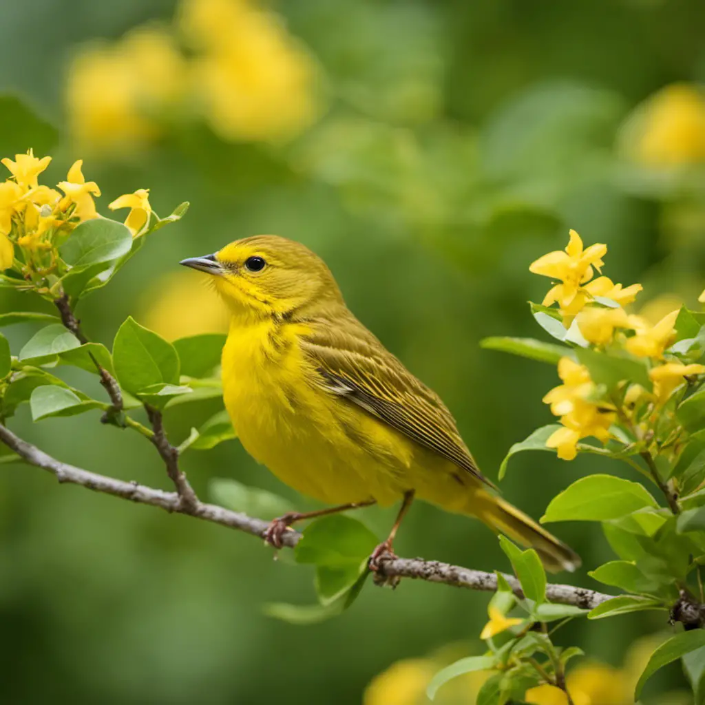 An image capturing the vibrant essence of a Yellow Warbler in Florida: a small, resplendent songbird adorned in a lemon-yellow plumage, gracefully perched on a swaying branch amidst lush green foliage and delicate yellow flowers