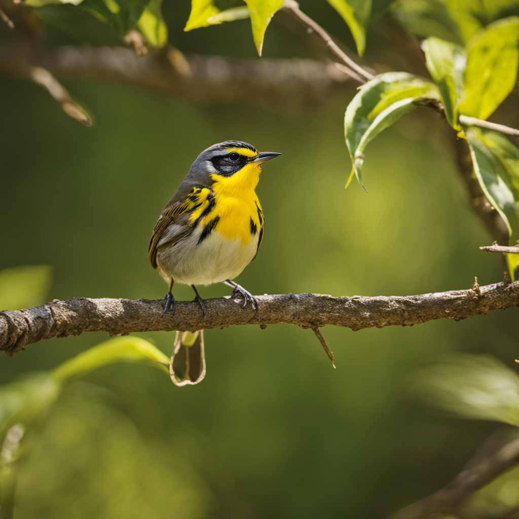 An image showcasing the vibrant tapestry of Texas's warblers; a lush, sun-drenched forest backdrop, with a diverse array of warbler species perched on branches, their vibrant plumage painting the scene with hues of gold, blue, and green
