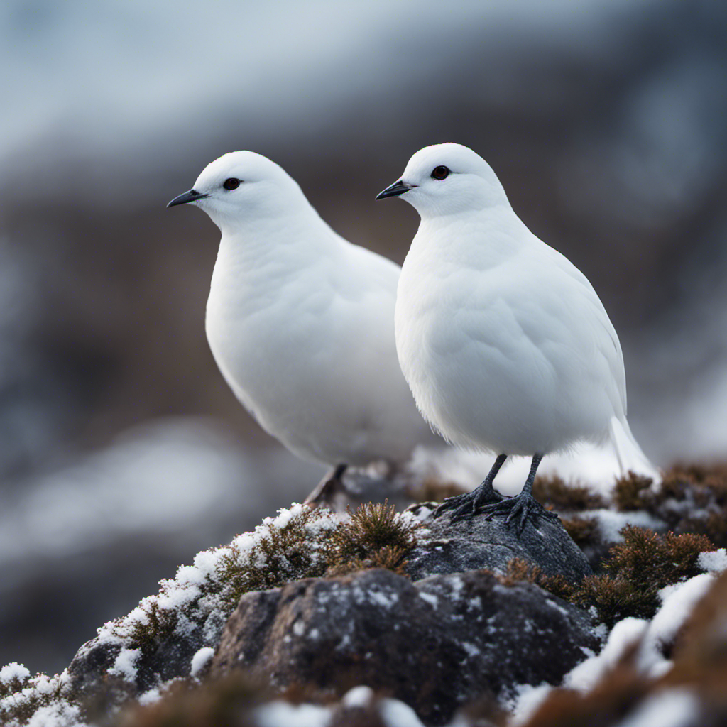An image capturing the essence of Rock Ptarmigan: a serene, snow-covered landscape with a pair of dazzling white birds perched on rocks, their plumage blending seamlessly with the icy surroundings