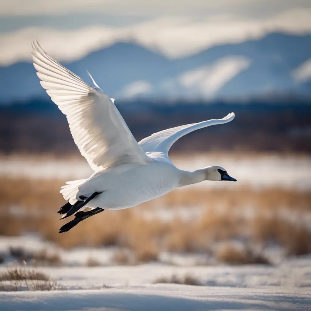 An image capturing the ethereal beauty of a Tundra Swan in flight, its pristine white feathers glistening in the sunlight against a breathtaking backdrop of icy tundra and snow-capped mountains