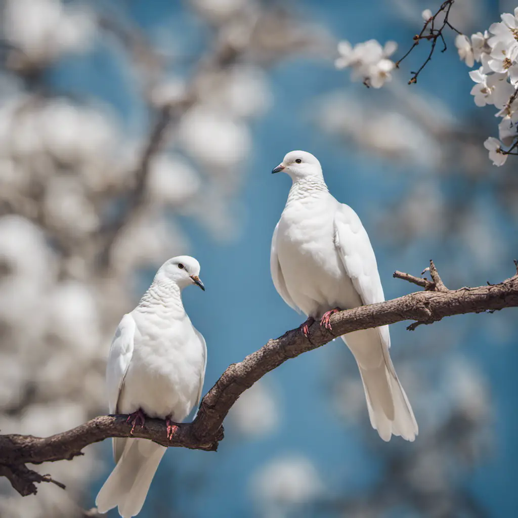 An image that captures the graceful essence of doves: two pure white birds perched on a branch, their soft feathers gently ruffled by a gentle breeze, against a serene backdrop of a clear blue sky