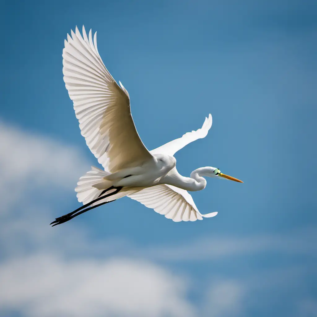An image capturing the elegance of a Great Egret in flight, its snowy plumage contrasting against a vivid blue sky