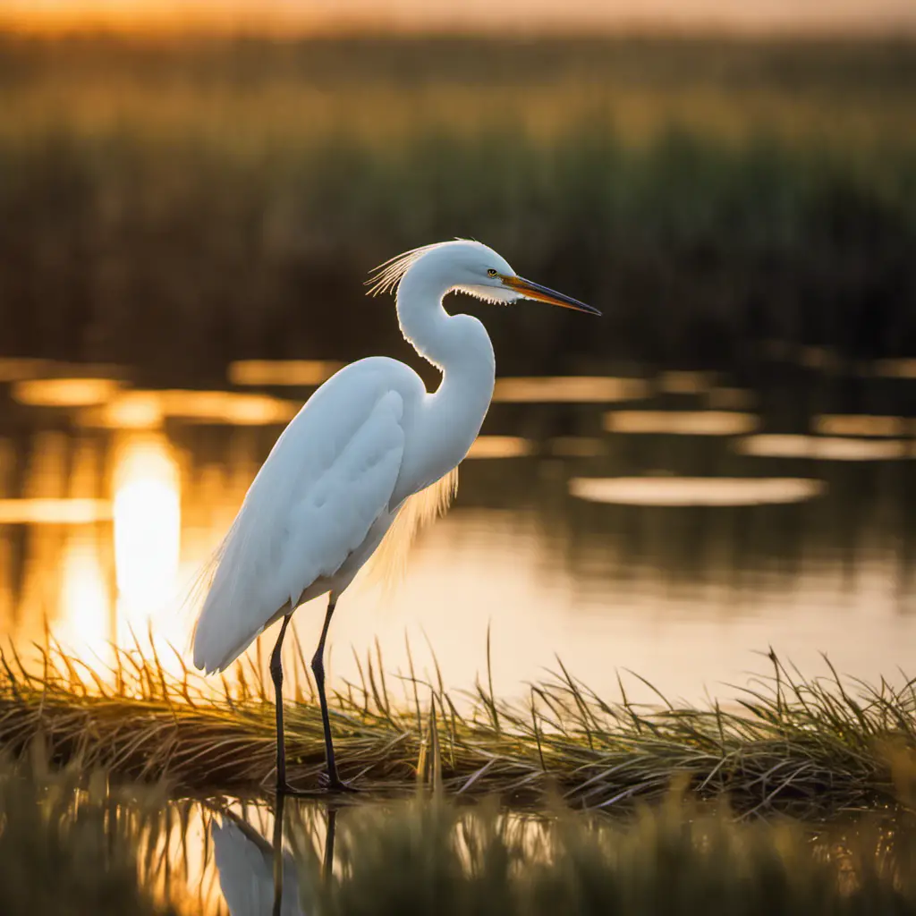 An image capturing the ethereal elegance of a solitary egret, poised gracefully amidst the serene wetlands, with its pristine white feathers glimmering in the gentle rays of the setting sun