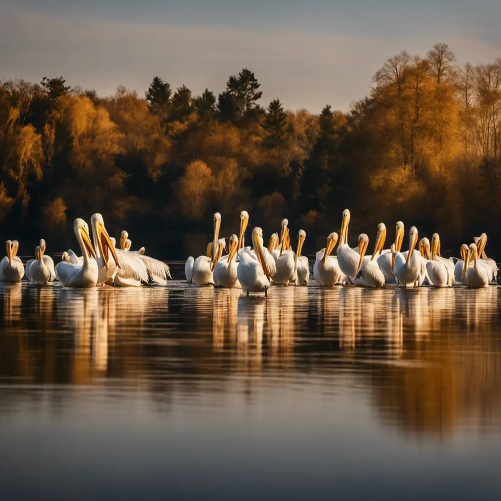 An image capturing the majestic scene of American White Pelicans gliding gracefully above a serene lake, their pure white feathers glistening in the golden sunlight, while their impressive wingspan creates ripples on the water's surface